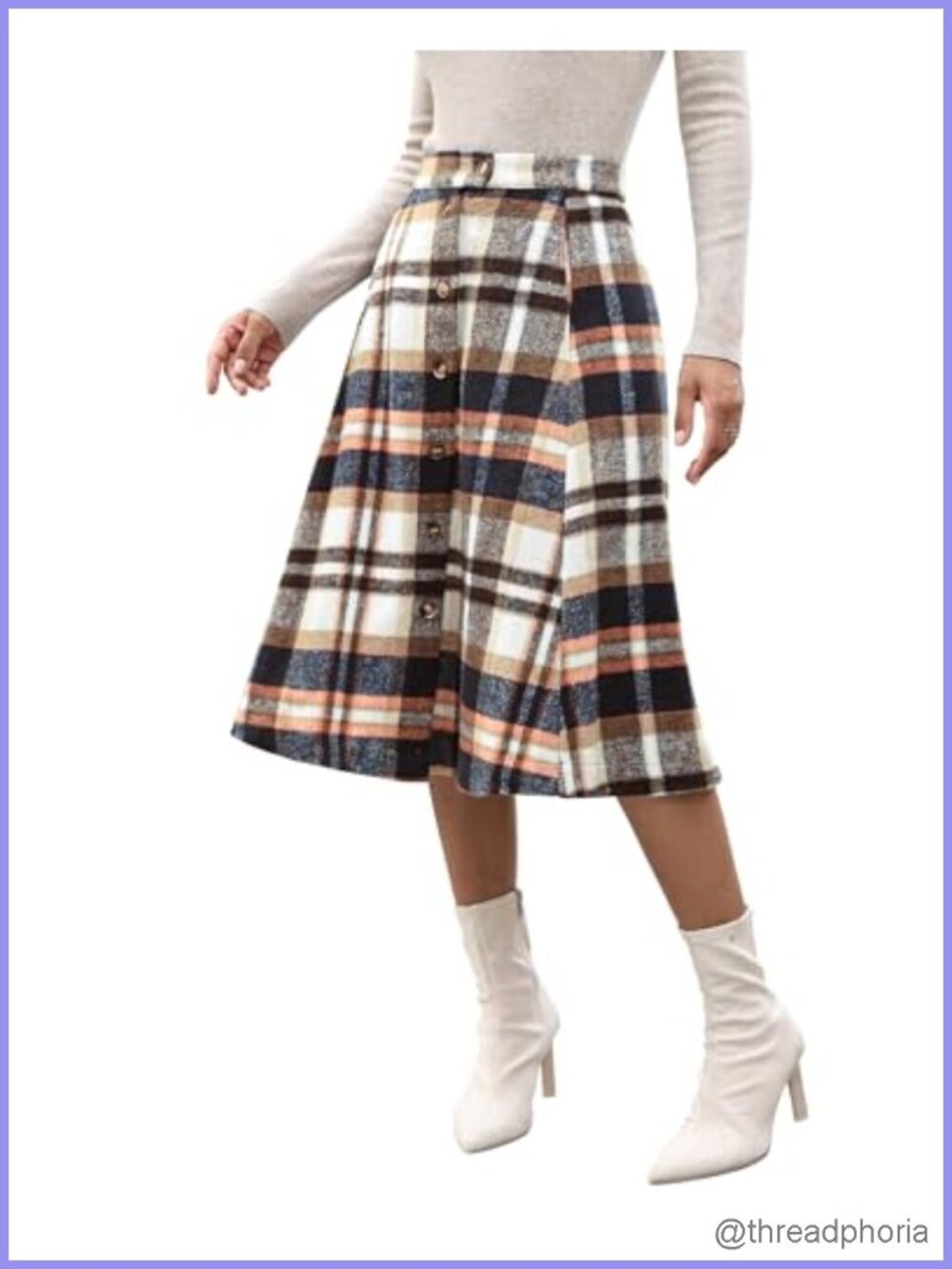 Plaid A-Line Midi Skirt High Waisted with Pockets